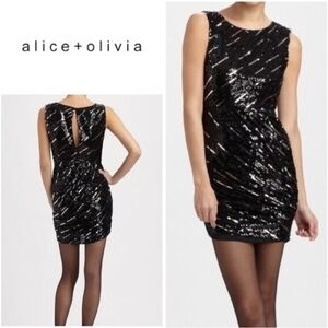 Alice Olivia Silk Sequin Sheath Dress Black Keyhole Back Size S